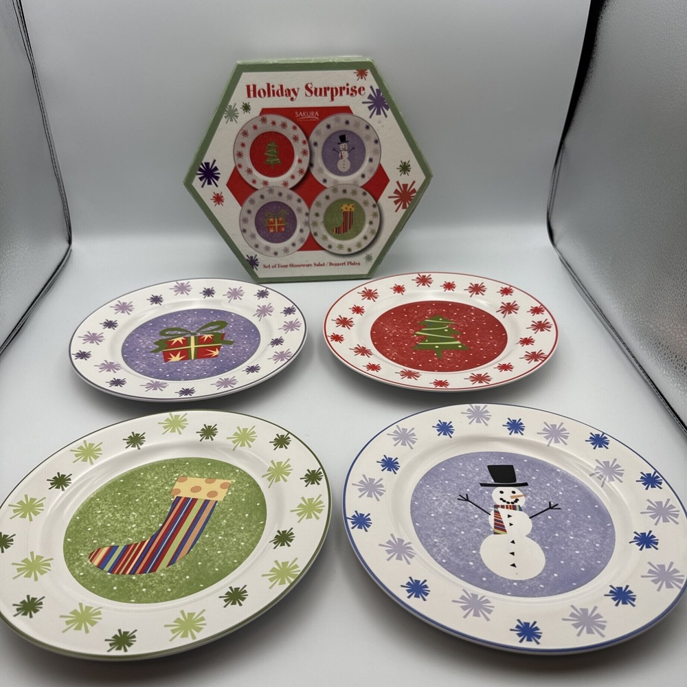 Sakura Holiday Surprise Set of 4 Stoneware Salad or Dessert Plates - EUC